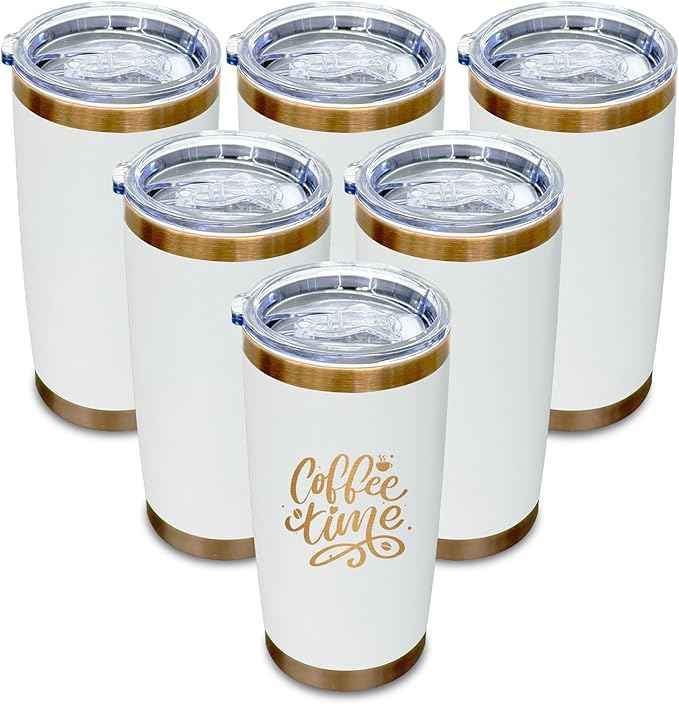20 oz Tumblers Stainless Steel Tumbler with Lid and Straw Insulated Copper Coffee Mug for Laser Graving 24oz Powder Coated Cup(White,6 pack)