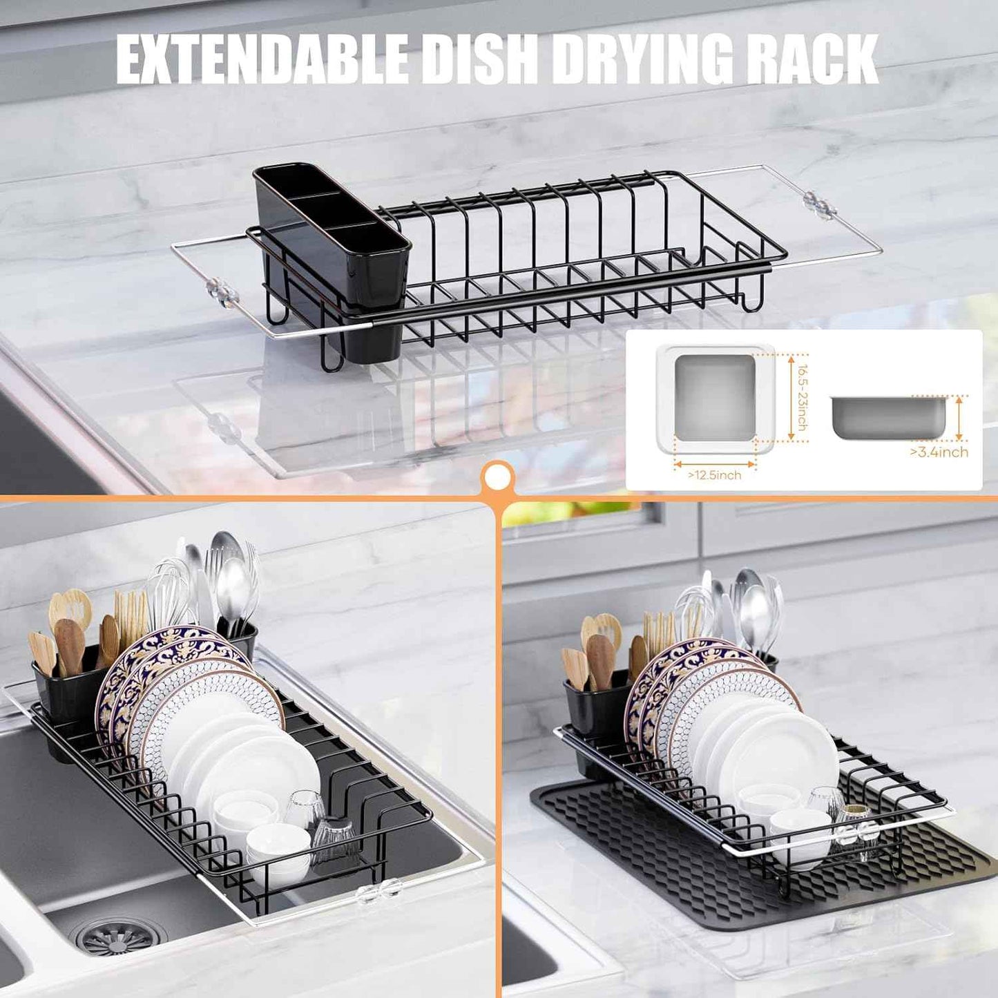 Sink Dish Drying Rack, Expandable Small Dish Drainers with Silicone Drying Mat, Stainless Steel Dish Dryer Rack with a Removable Cutlery Holder for 14’’-19’’ Kitchen Sink