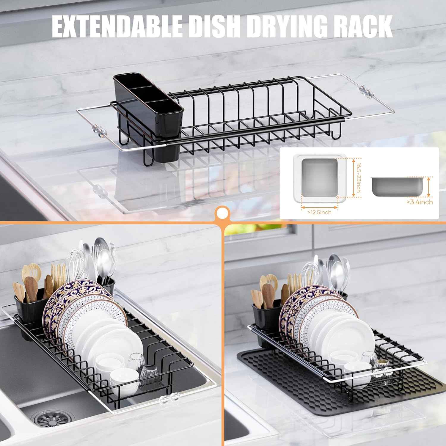 Sink Dish Drying Rack, Expandable Small Dish Drainers with Silicone Drying Mat, Stainless Steel Dish Dryer Rack with a Removable Cutlery Holder for 14’’-19’’ Kitchen Sink