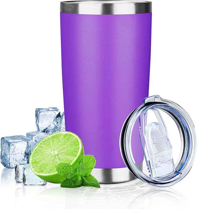 20oz Tumbler with Lid Double Wall Vacuum Insulated Travel Coffee Mug Stainless Steel Thermal Cup Powder Coated Sturdy Coffee Tumbler for Hot and Cold Beverage (Purple,1)