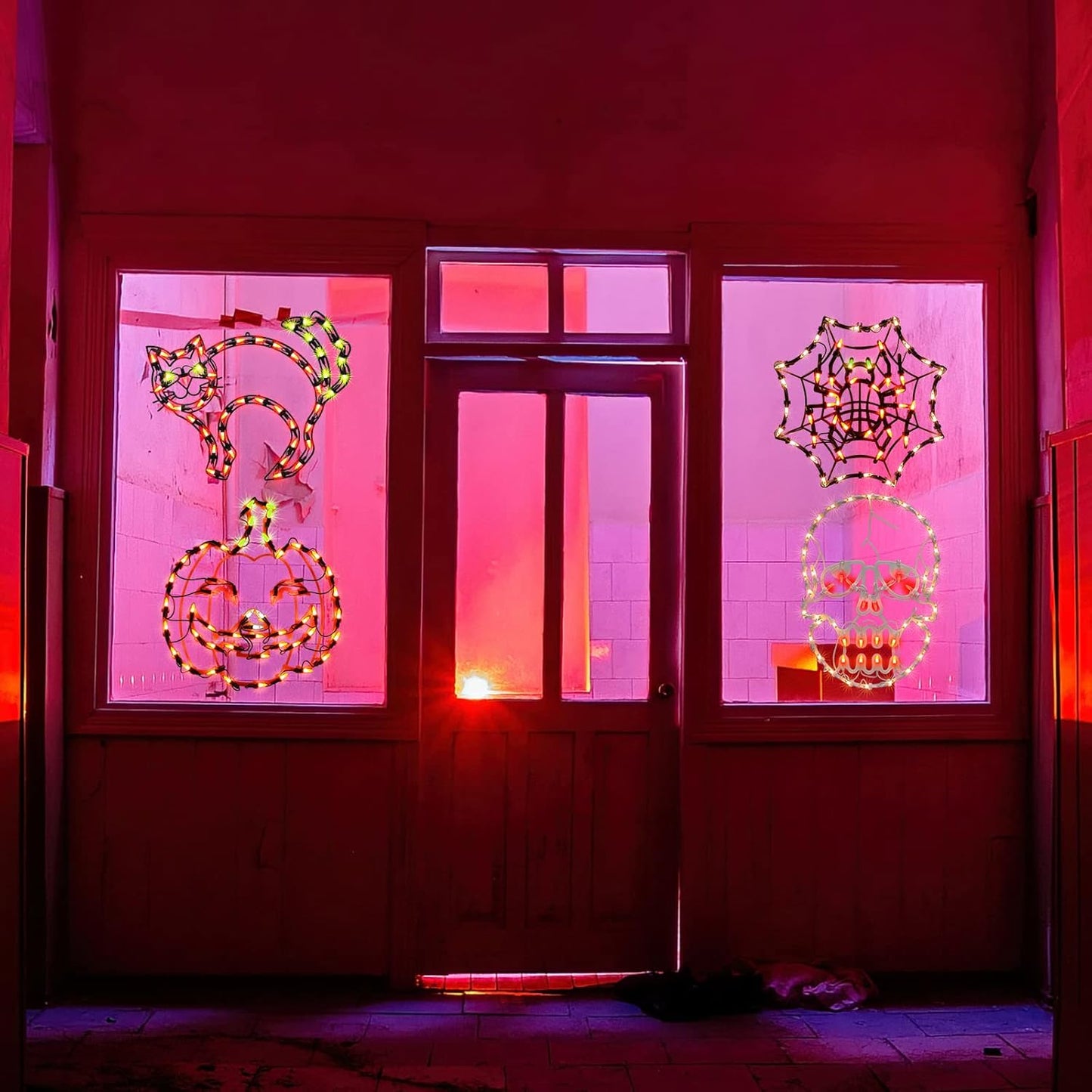 Lighted Spider, Bat, Happy Halloween Window Silhouette Decoration - Light Up Hanging Ornament