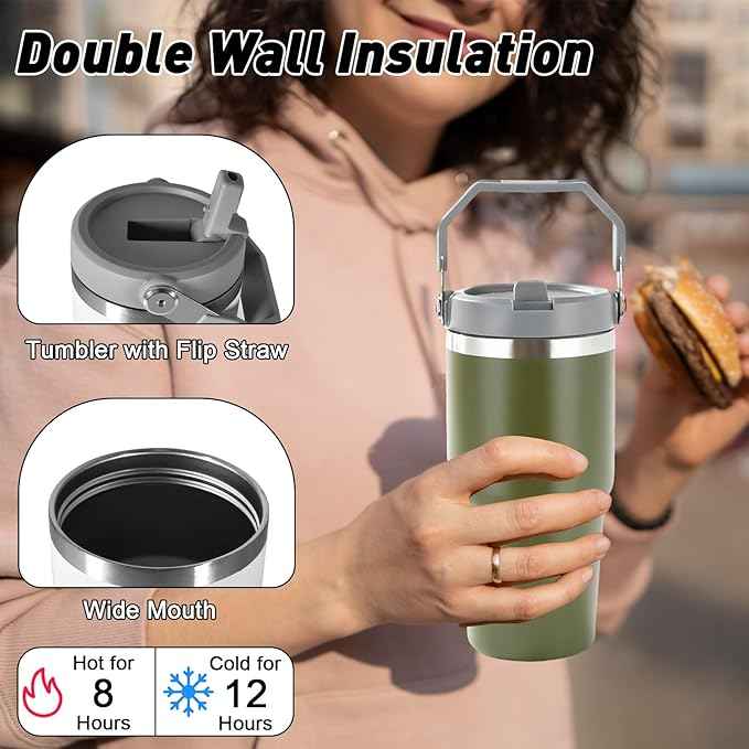 20 oz Tumbler with Handle, Insulated Tumbler with Lid and Flip Straw Leak Proof Double Wall Stainless Steel Vacuum Travel Coffee Mug Insulated Water Bottle Thermal Cup, Cupholder Friendly,Camp Green