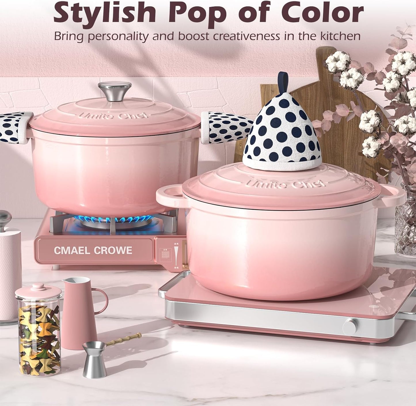 Umite Chef 5QT Enameled Cast Iron Dutch Oven Pot with Lid, Heavy-Duty Cookware for Bread Baking, Braising, Stews, Roasting, Wedding Registry Ideas & Gifts (Pink)