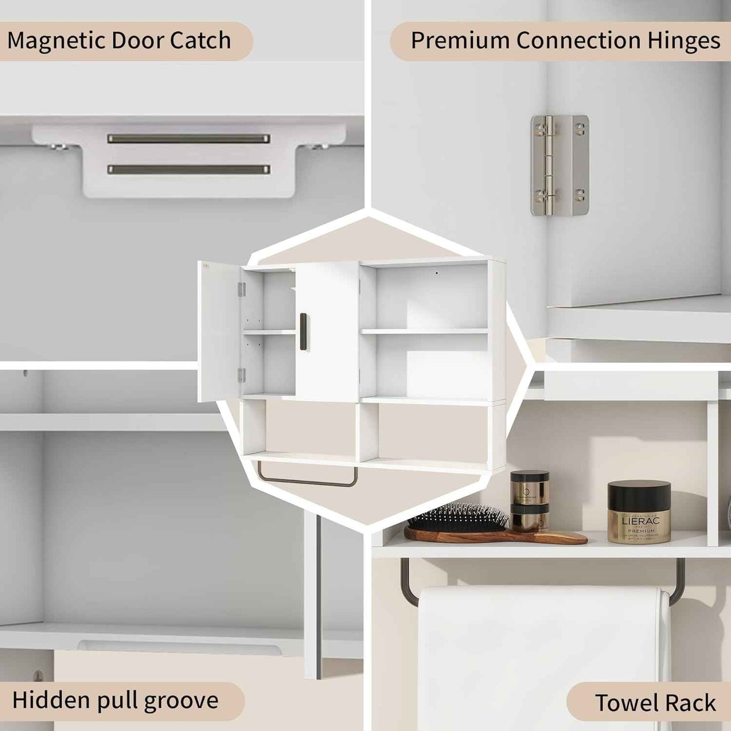 Medicine Cabinet, Wooden Bathroom Wall Cabinet with 2 Doors, Adjustable Shelves & Towel Bar, Over Toilet Storage Cabinet Wall Mounted for Kitchen & Laundry, White