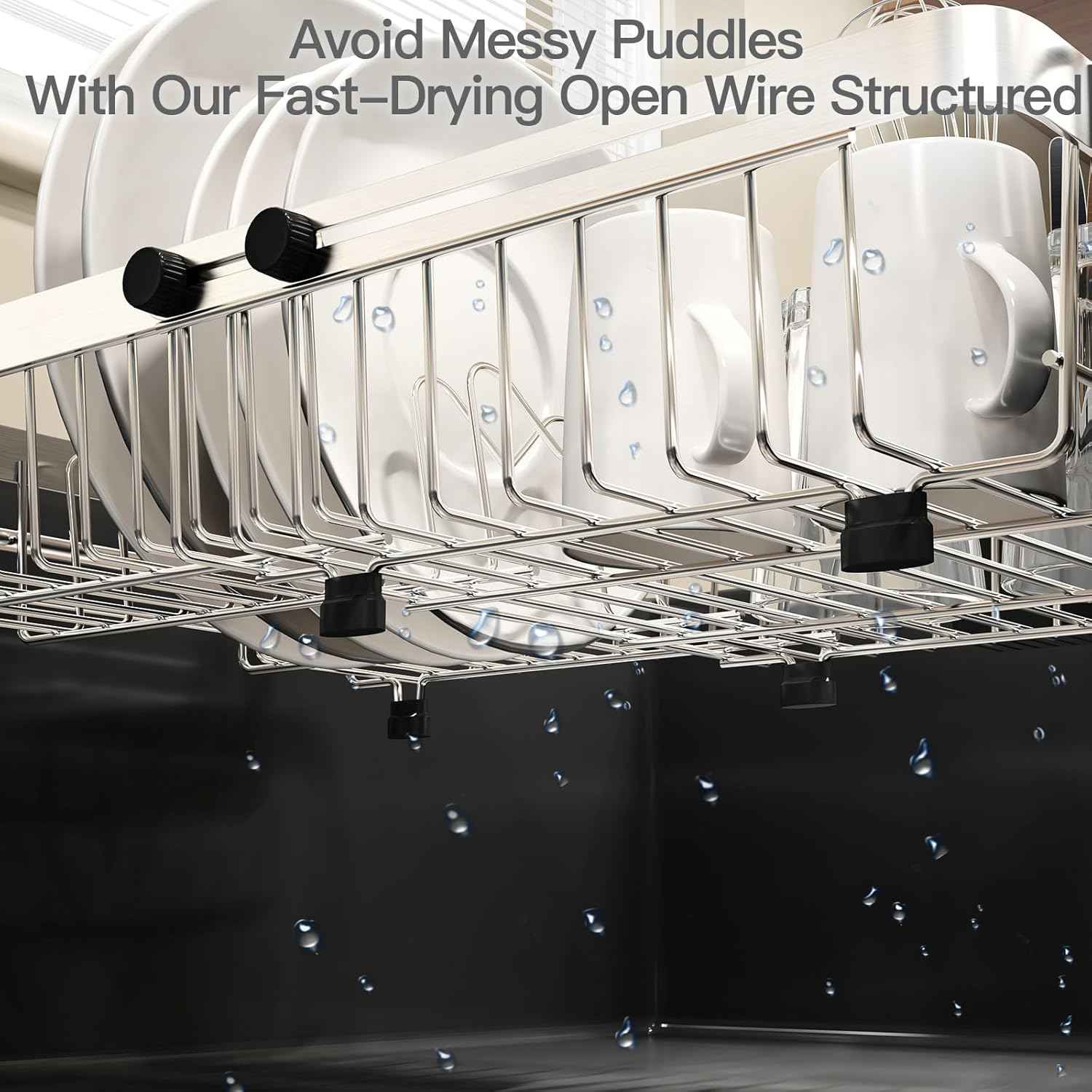 MAJALiS Dish Drying Rack Over The Sink, Expandable Stainless Steel Dish Drainer for Small Kitchen Counter Space Saving, RV Compact Plate Strainer In Silver Metal with Hanging Adjustable Utensil Holder