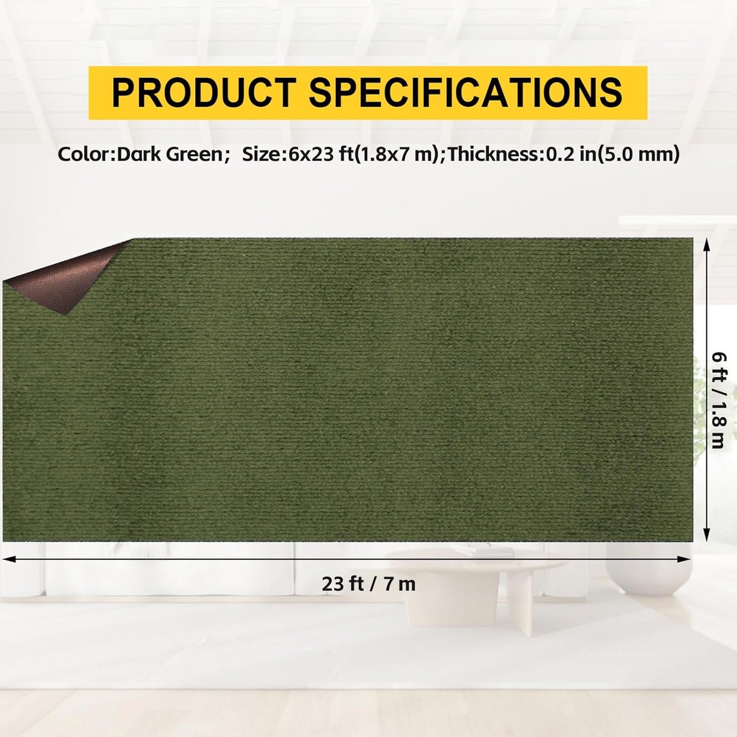 Marine Carpet,6 FT x 23 FT Olive Green Indoor Outdoor Carpet 0.2" Thick with Water-Proof TPE Backing, Non-Slide for Home, Patio, Porch, Deck
