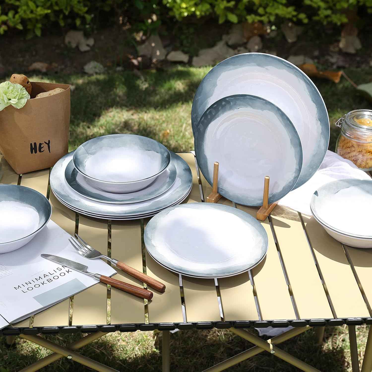 Melamine Dinnerware Sets-12 Pieces Outdoor Plates and Bowls Set for 4, Durable Dinner Plates for Camping Picnics Party, Chip Resistant Dishes, Grey Blue, Dishwasher Safe