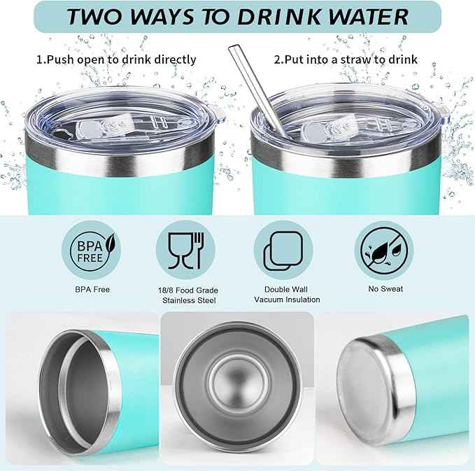 20oz Tumbler with Straw and Brush, Stainless Steel Vacuum Insulated tumbler, Double Wall Insulated Coffee Tumbler for Outdoor, Home, Travel,Office (Light Green,1pcs)