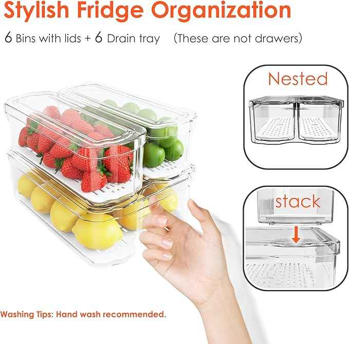 SMRCAD Fridge Organizers and Storage, 6 Pack Clear Freezer Organizer Bins with Lids for Kitchen, Pantry, Refrigerator, Food, Fruit, Vegetable Storage