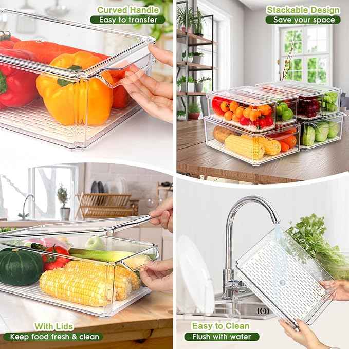 ZIJUND 6 Pack Fridge Organizer, Stackable Refrigerator Organizer Bins with Lids, BPA-Free Fridge Organizers and Storage Containers for Fruit, Vegetable, Food, Drinks, Cereals, Clear