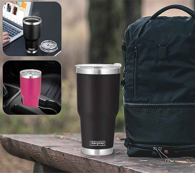 30oz Tumbler, 2 Packs Stainless Steel Double Wall Vacuum Insulated Tumbler Travel Mug With 8Pcs Reusable Straw, 2Pcs Slider Lid, Cleaning Brush, 2Pcs Handles (Black + Purple)