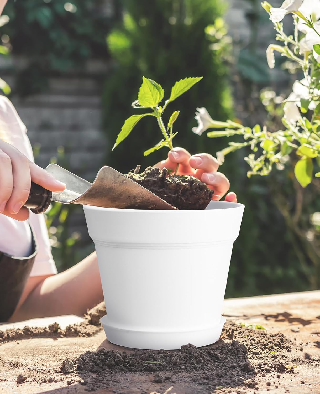 homenote Pots for Plants, 8 Pcs 7.5 Inch Plastic Planters with Multiple Drainage Holes and Tray - Plant Pots for All Home Garden Flowers Succulents, Cream White