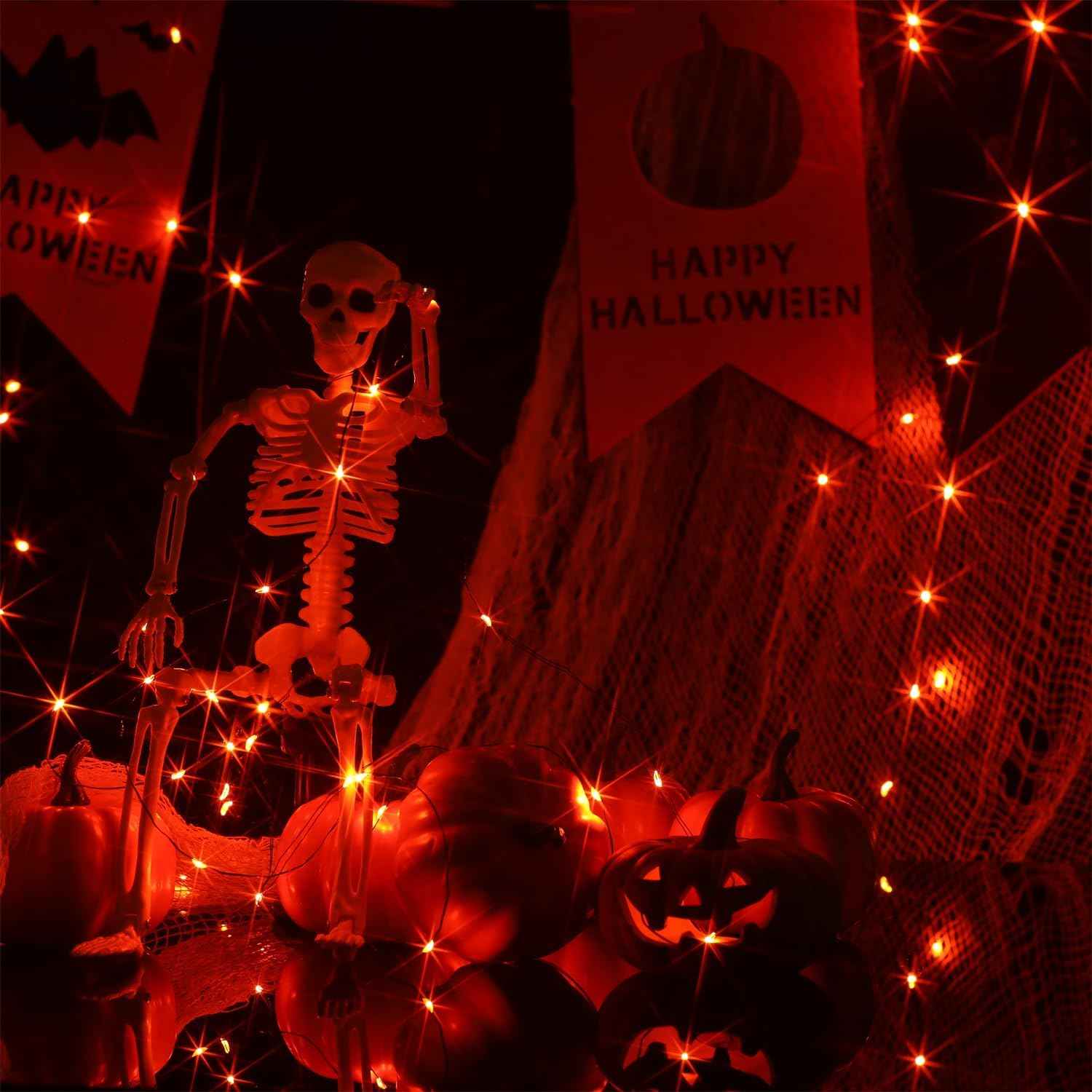 2 Set Halloween Fairy Lights Battery Operated, 16ft 50LED Outdoor String Lights with Remote, 8 Modes Twinkle Lights Black Wire Firefly Lights for Garden Bedroom Party Decor- Orange
