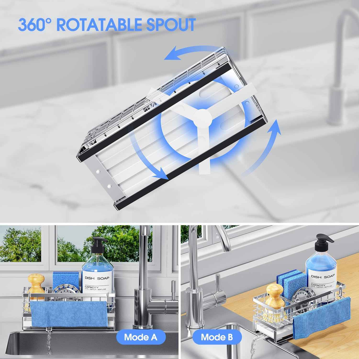 Kitchen Sink Sponge Holder - Self-Draining, Detachable Dish Cloth Holder, Rustproof Kitchen Countertop Organizer (Stainless Steel)
