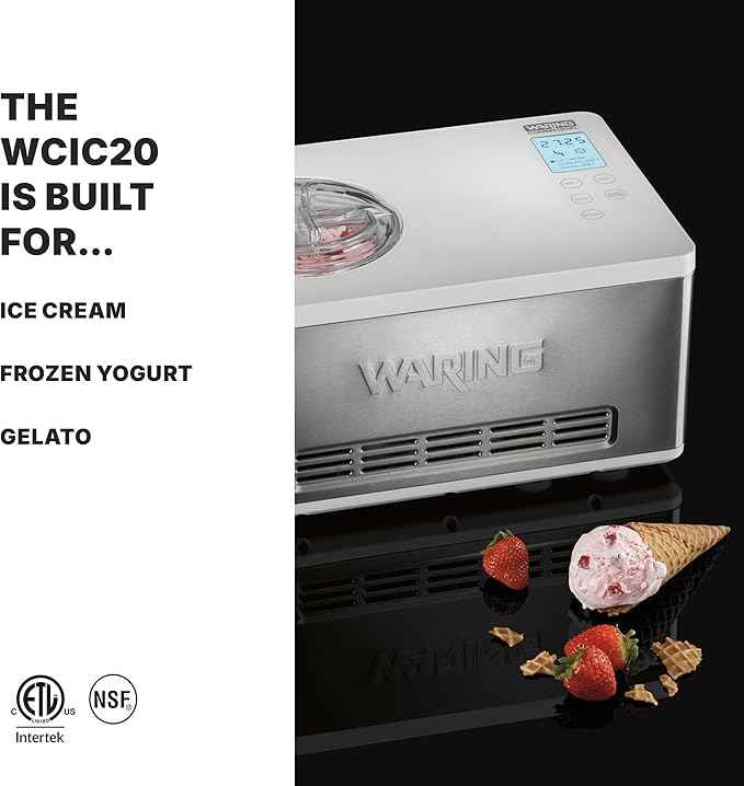 Waring Commercial WCIC20 2 Quart Capacity Ice Cream Maker with Built in Compressor, 180W, 120V, 5-15 Phase Plug