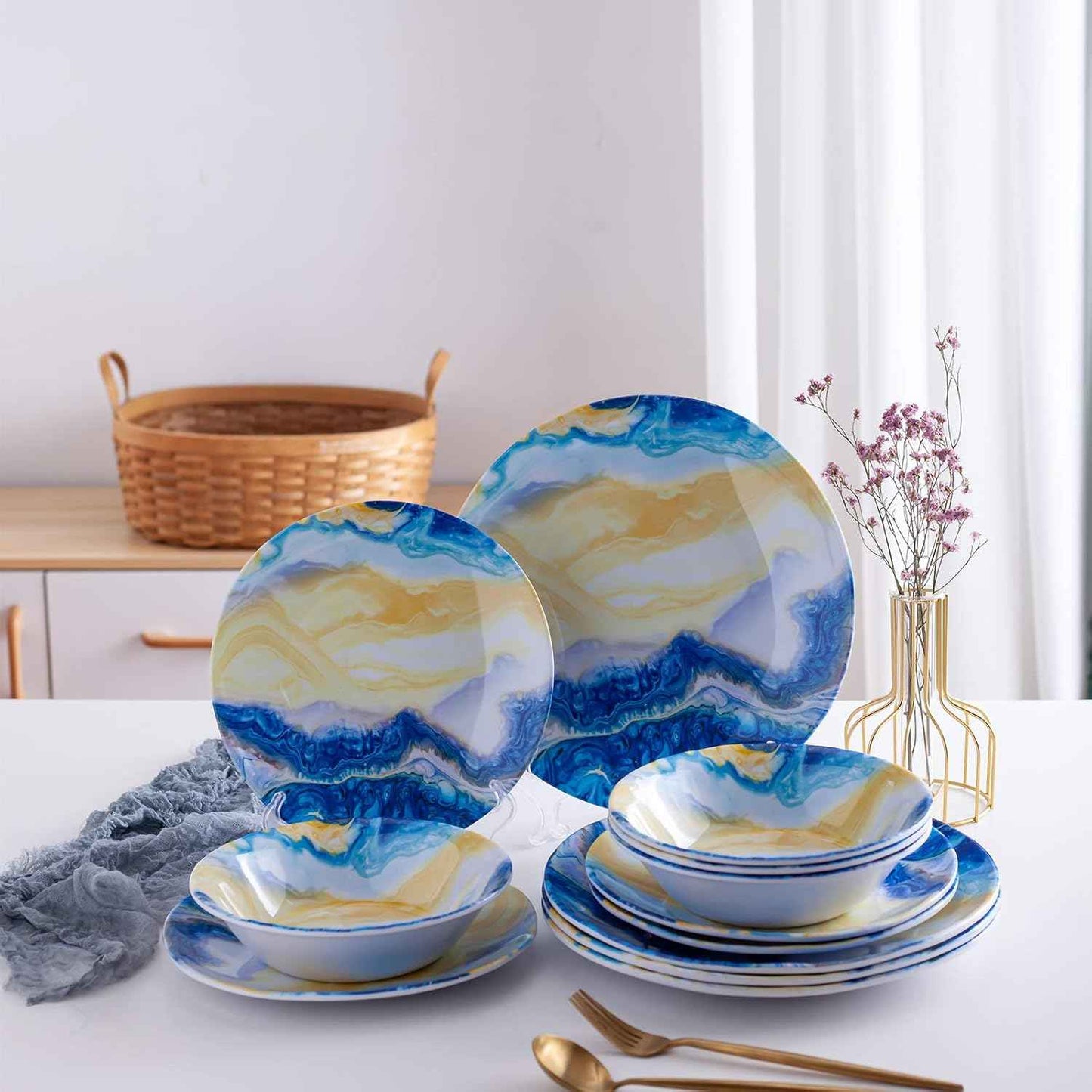 12 Pcs Melamine Dinnerware Set - Indoor and Outdoor Durable Plastic Dishes Dishware，Melamine Dinner Plates and Bowls Sets Service for 4，Lightweight Unbreakable（Landscape Painting）
