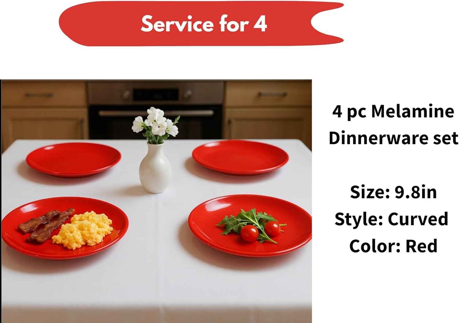 Premium Melamine Dinnerware Set, 4-Piece Plate Set - Red; BPA Free (RED, 9.8 INCHES)