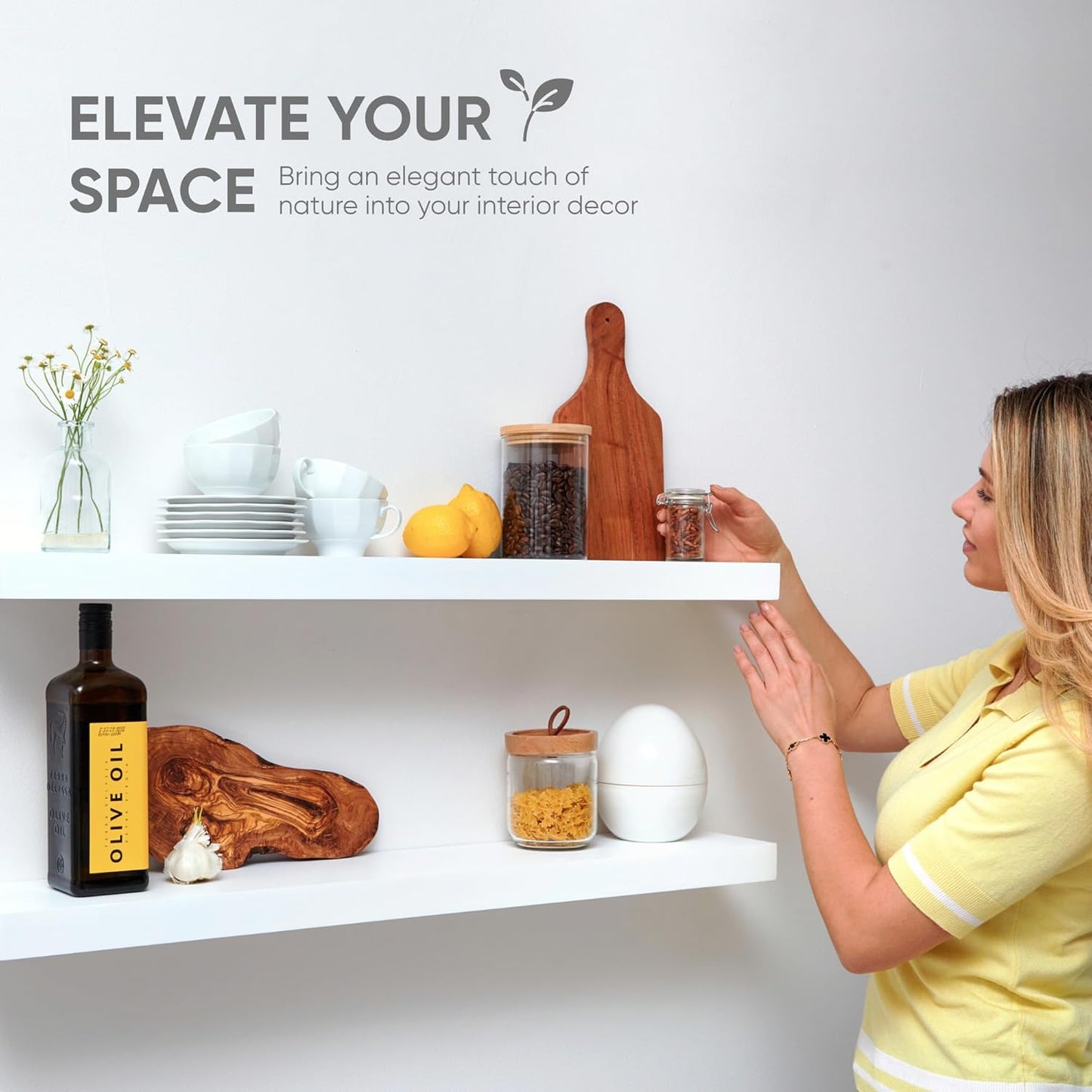 Homeforia White Floating Shelves 42 inch, High End Solid Real Wood 42inch Floating Shelf for Wall Mounted, White Wooden 42in Long Floating Shelves, Heavy Duty Bracket, 42 X 6.5 X 1.75 inches, Set of 2