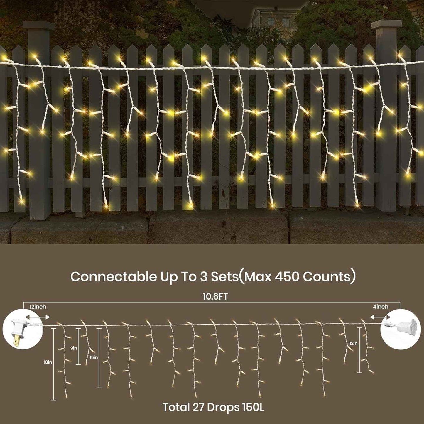 Icicle Lights for Outside 150 10ft 27 Drops Icicle Christmas Lights Outdoor Warm White Incandescent String Lights Indoor and Outdoor UL Listed for Patio Garden Wedding Bedroom (Mini Bulb)