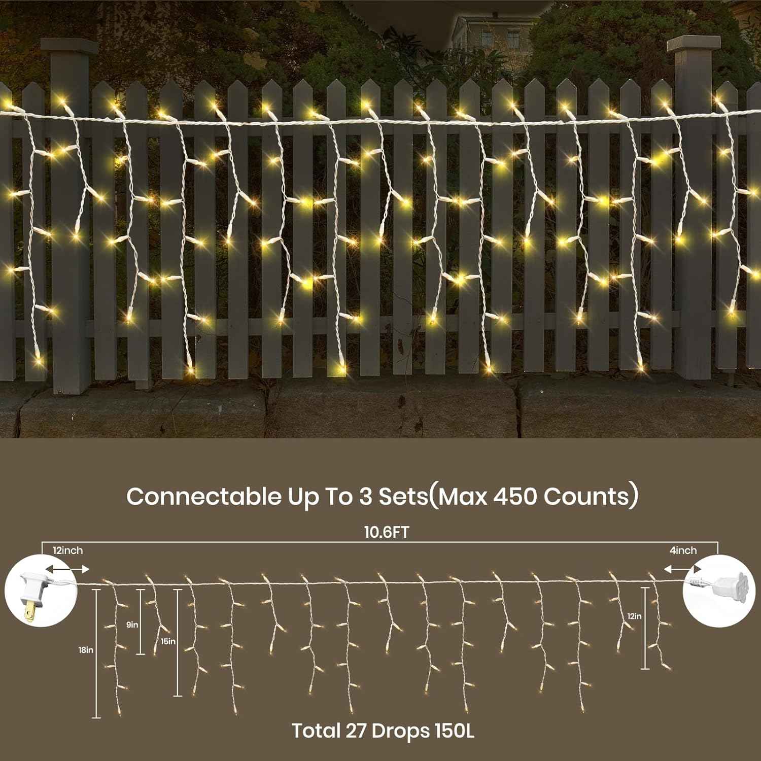 Icicle Lights for Outside 150 10ft 27 Drops Icicle Christmas Lights Outdoor Warm White Incandescent String Lights Indoor and Outdoor UL Listed for Patio Garden Wedding Bedroom (Mini Bulb)