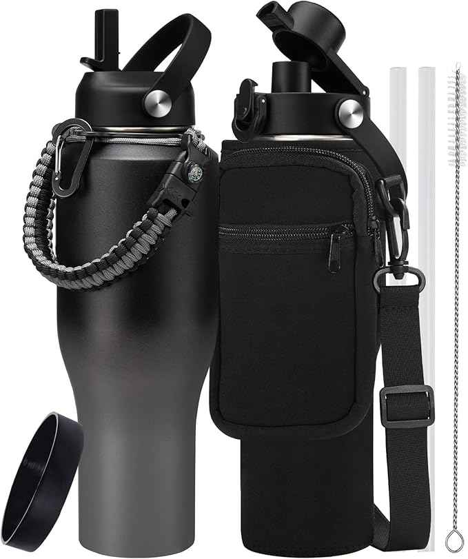 40 oz Insulated Water Bottle Fit in Car Cup Holder - 40oz Metal Water Bottle with Straw & Auto Spout Lids, Paracord Handle, Carrier Bag & Water Flask Boot, Travel Tumbler Cup Keep Cold-48h Hot-24h