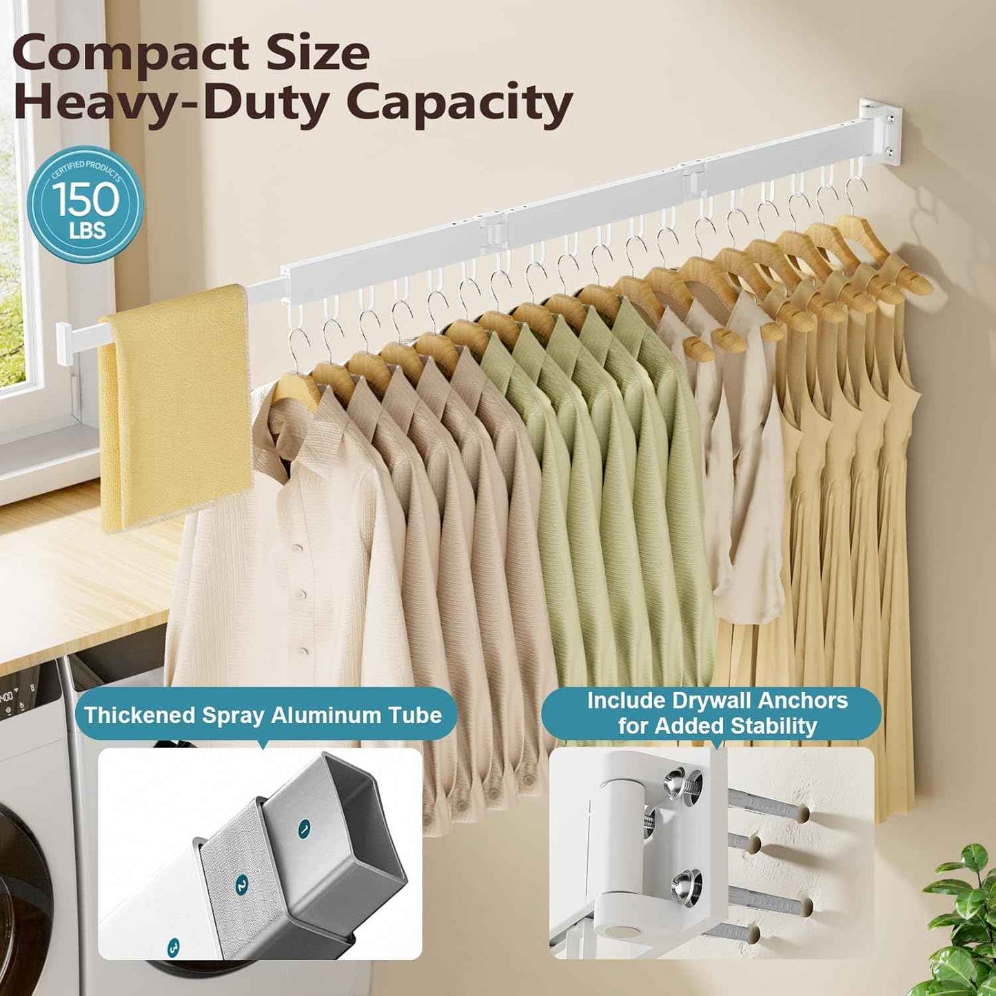 JAUREE Clothes Drying Rack Wall Mounted, Space-Saving Drying Rack Clothing, Collapsible Foldable Retractable Laundry Rack with 18 Hooks, Indoor/Outdoor, White