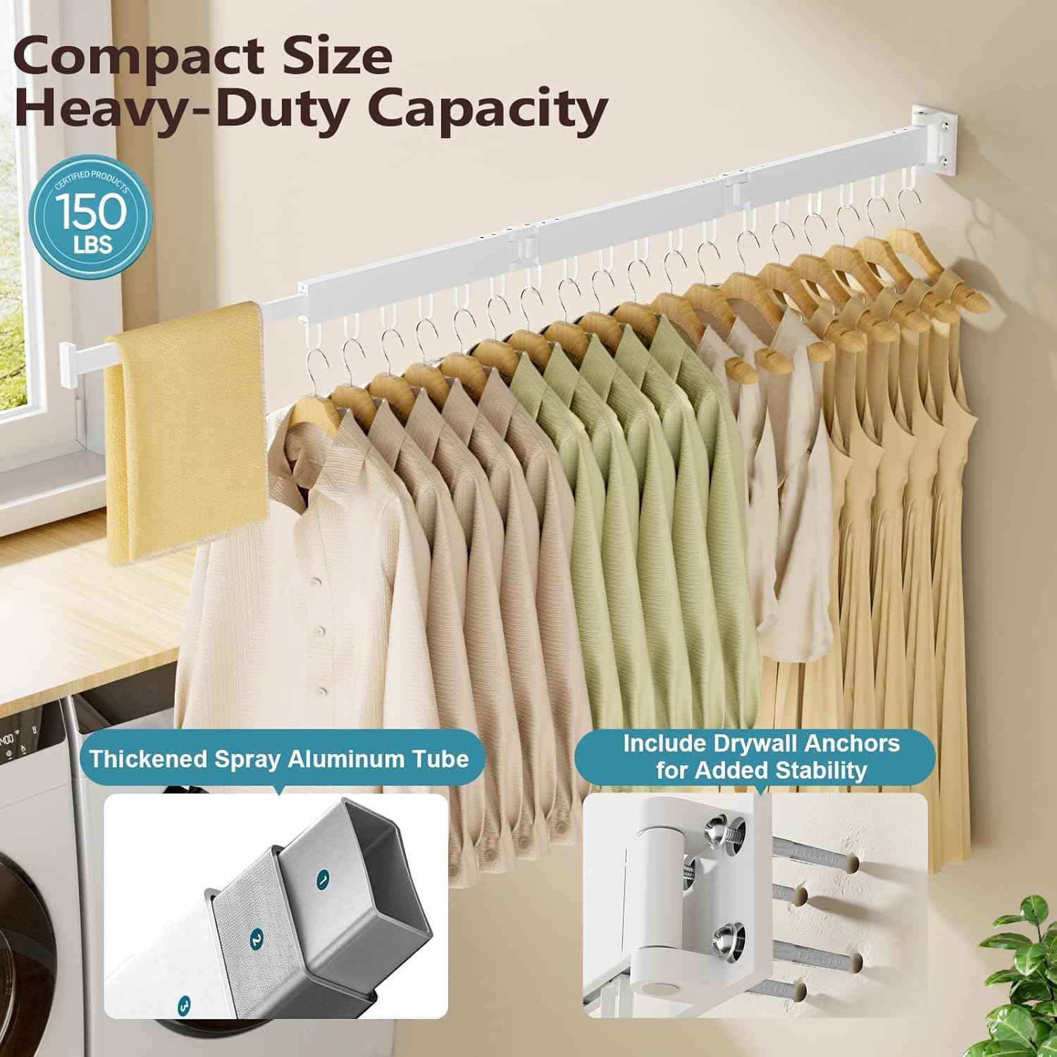 JAUREE Clothes Drying Rack Wall Mounted, Space-Saving Drying Rack Clothing, Collapsible Foldable Retractable Laundry Rack with 18 Hooks, Indoor/Outdoor, White