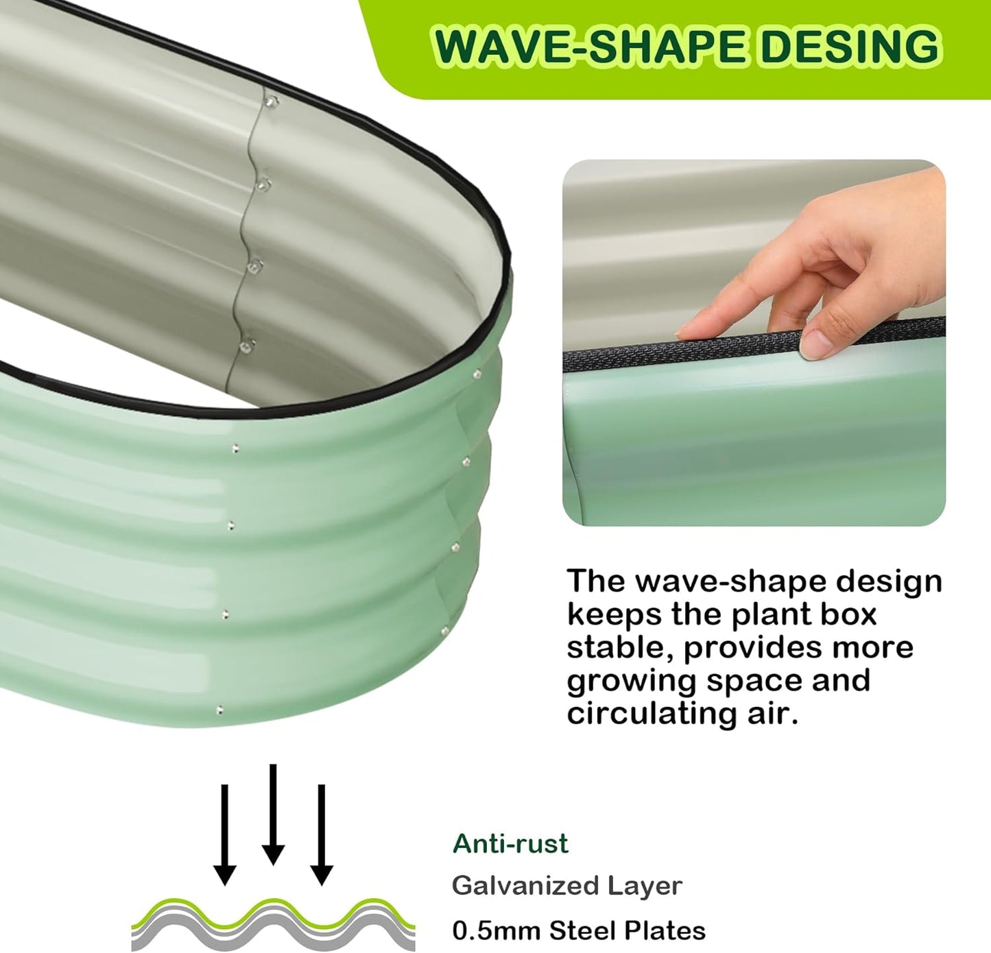 2 Pcs 4.5x2x2ft Oval Raised Garden Bed, Galvanized Raised Beds,Open-Ended Base Metal Raised Planter Beds,Garden Bed Outdoor,Planter Raised Boxes for Vegetables, Flowers,Tool-Free Asse,Green