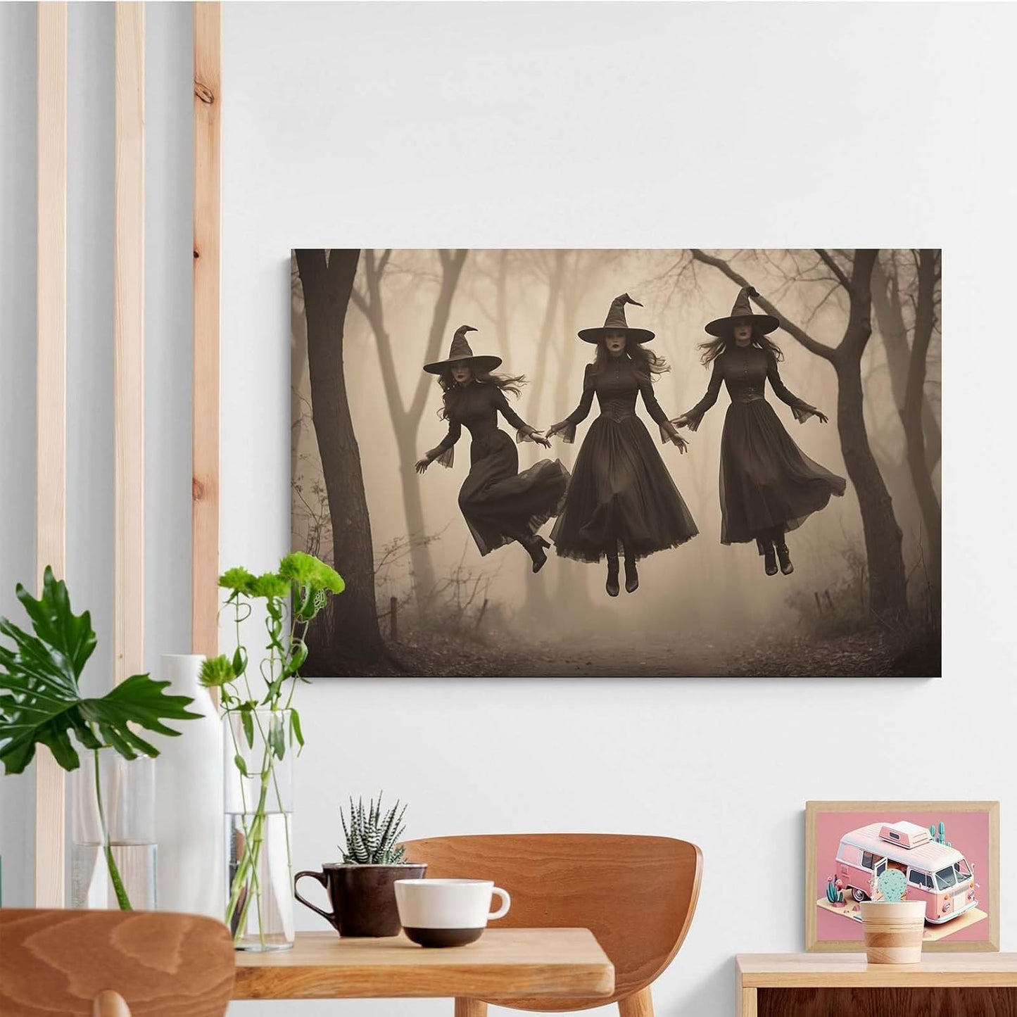 Three ghost witches flying in vintage forest gothic wall art witchcraft decoration holiday gift canvas wall art print28x40in Wood Framed