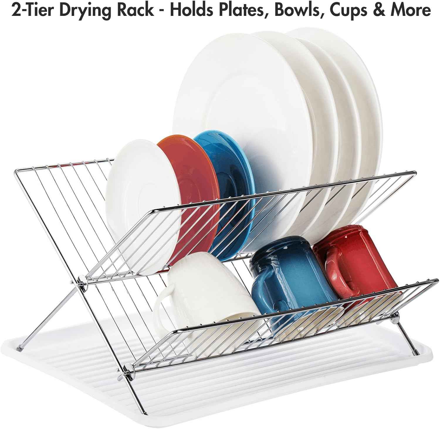 Youeon Foldable Dish Drying Rack with Drip Tray, Stainless Steel 2 Tier Dish Drainer Rack, Collapsible Dish Drainer, Folding Dish Rack for Kitchen Sink, Countertop, Cutlery, Plates, Dishes