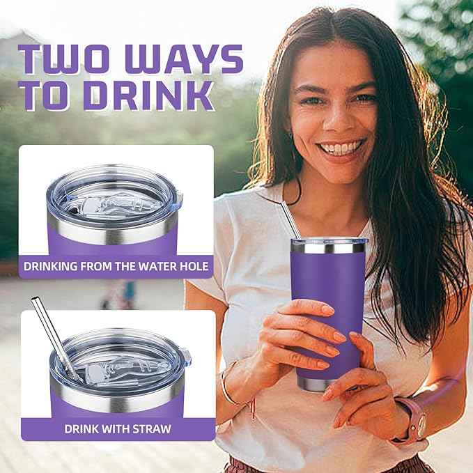 20 oz Tumbler with Lids and Straws, Stainless Steel Insulated Travel Coffee Mug, Double Wall Vacuum Insulated Tumblers, Powder Coated Coffee Tumbler for Cold & Hot Drinks (Purple)