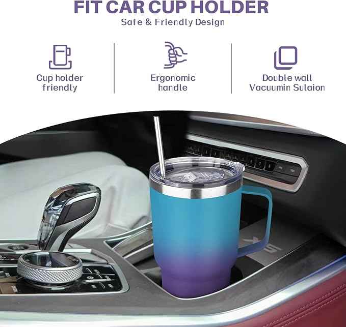 30 oz Stainless Steel Tumbler with Handle, Double Wall Vacuum Insulated Coffee Mug Tumbler with Lid and Straw, Thermal Cup for Cold and Hot (Blue Purple)
