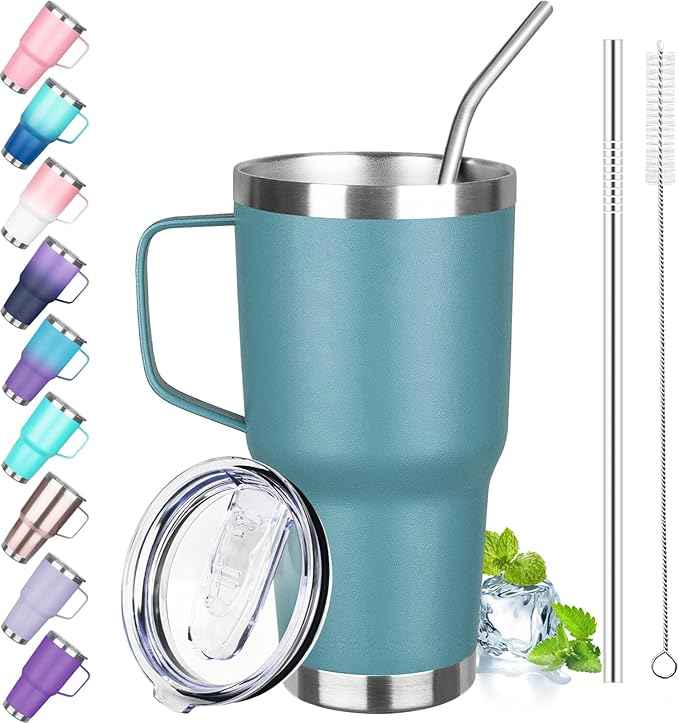 30 oz Tumbler with Handle, Stainless Steel Insulated Tumbler with Lid and Straw, Double Wall Vacuum Coffee Mug Tumbler, Insulated Coffee Thermal Cup for Cold and Hot (Maya Blue)