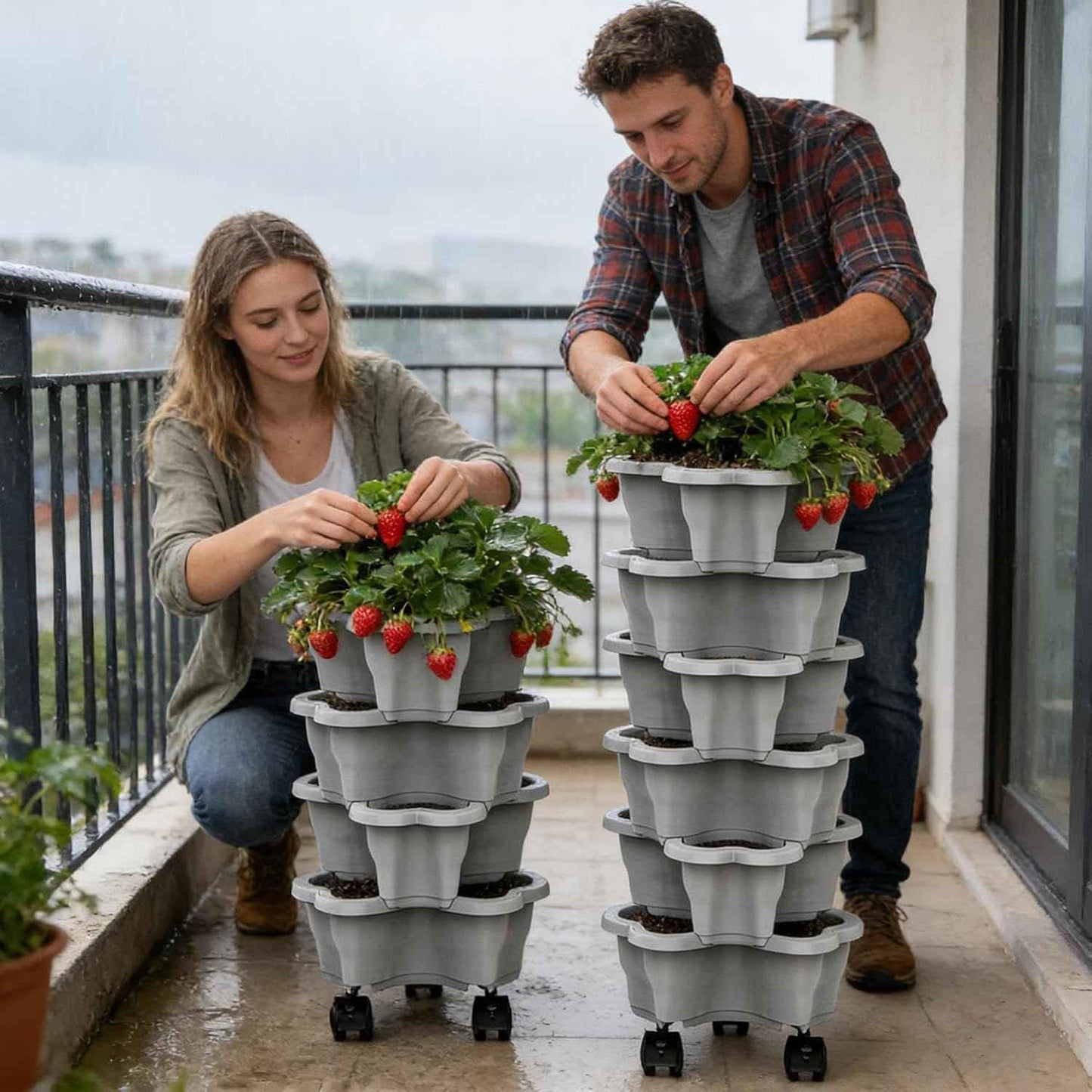 Vertical Planter Tower - 6 Tier Stackable Garden Planters with Wheels for Strawberry Flower and Vegetable Indoor Outdoor Use Gray