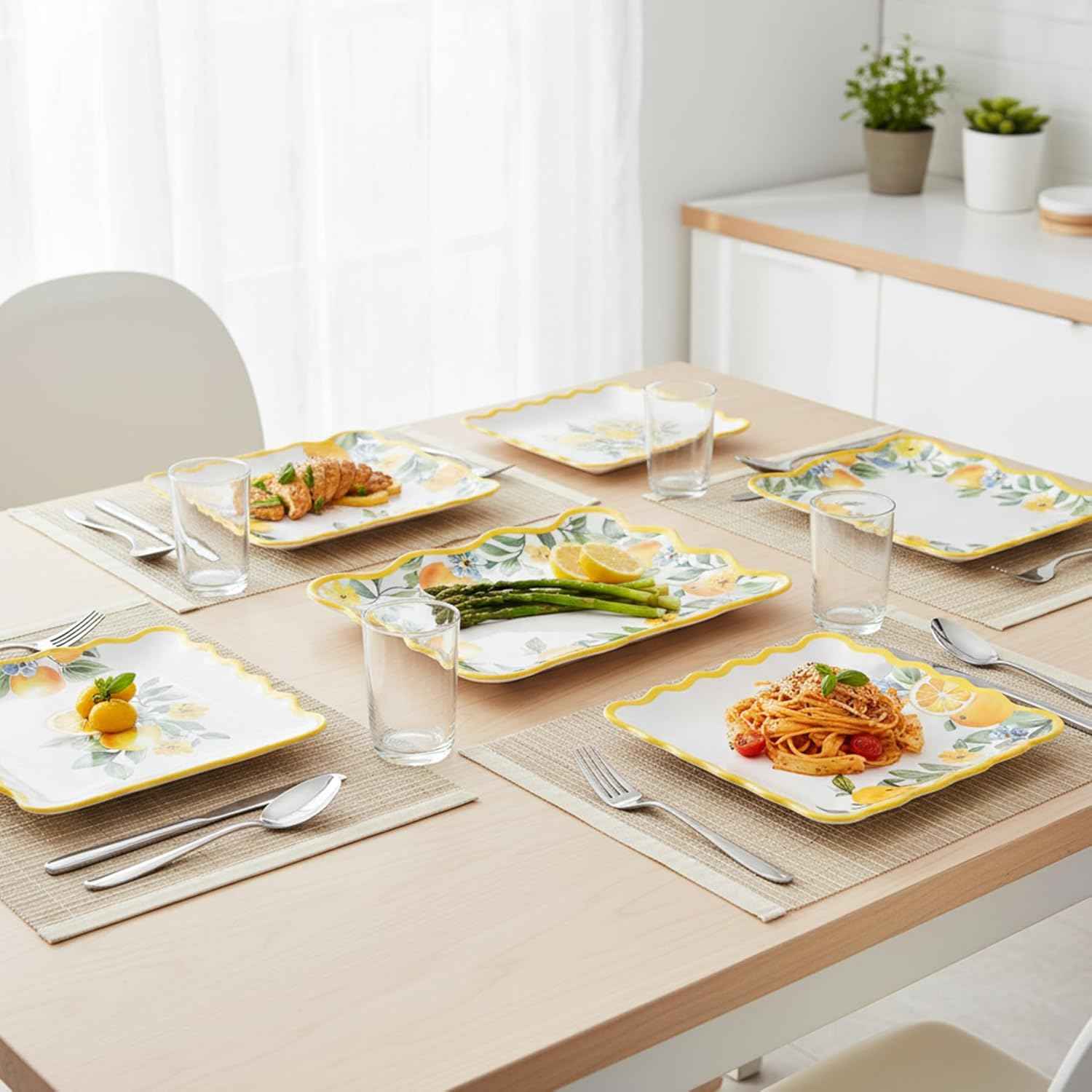 6.6 Inch Square Plates & 8.8 Inch Rectangle Plates, Melamine Dinnerware Set for RV, Camping, Outdoor, Lemon Design, 12 Pcs, Lightweight & Durable