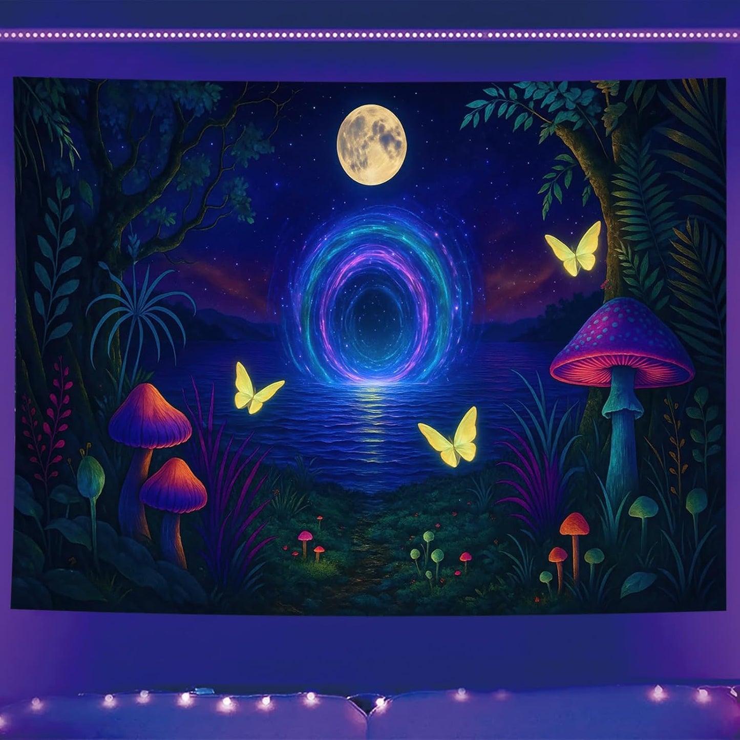Starlit Patio Glowing Mushrooms Blacklight Tapestry UV Reactive Wall Hanging Psychedelic Portal Butterflies Moonlit Lake for Bedroom Dorm Living Room Fantasy Nature Decor Fluorescent Trippy Poster 78 x 59 Inch