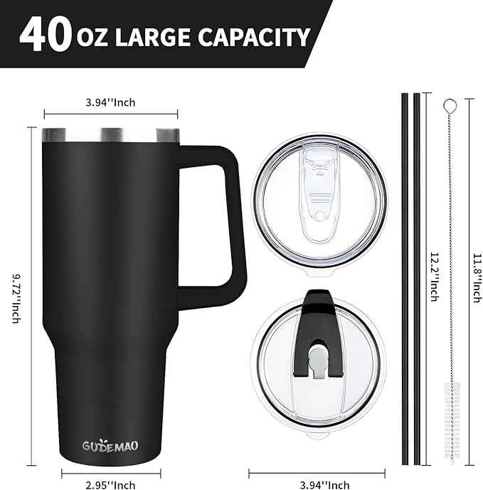 40 oz Tumbler with Handle, Insulated Tumbler with Lid and Straw, Reusable Stainless Steel Vacuum Insulated Cup, 100% Leak Proof Thermal Travel Coffee Mug Cup for Cold and Hot (Black)