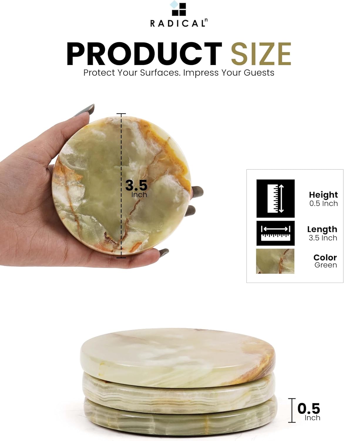 Marble Coasters Green Onyx 3.5 Inch Round Handmade Set of 6 Drink Coaster for Tabletop & Coffee Table Decor, Ideal Coaster Set for Drink