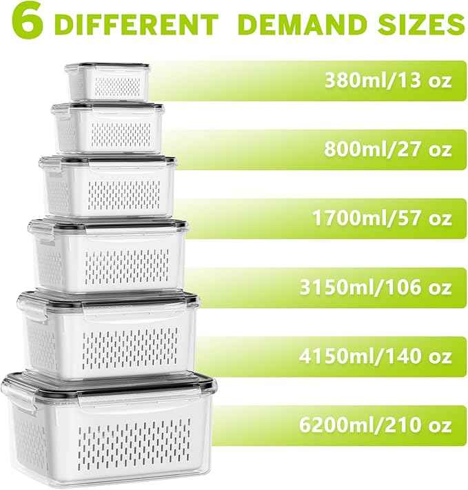 6 PCS Fruit Storage Containers for Fridge with 6 Removable Colanders, BPA Free Fruit Containers for Fridge, Dishwasher & Microwave Safe Produce Containers Keep Fruits, Vegetable, Berry Fresh Longer