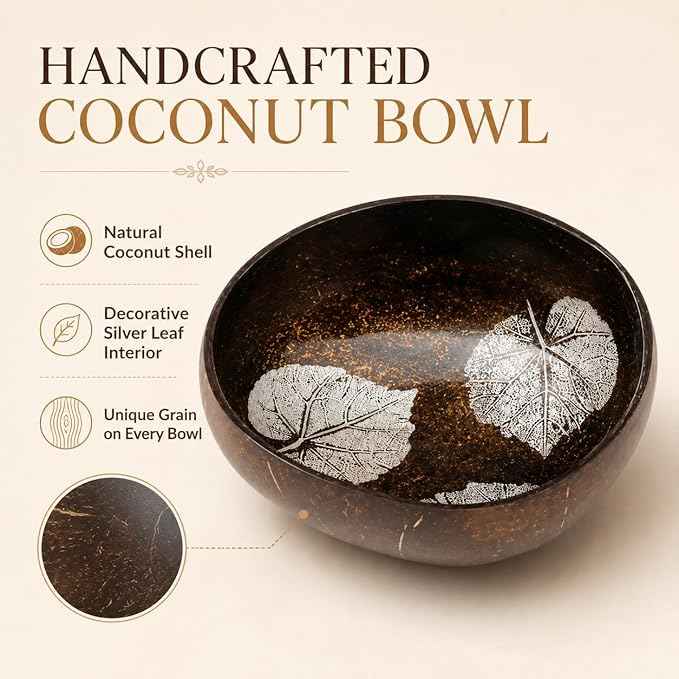 ChezMax Natural Coconut Bowl Mother of Pearl Inlaid Shell Key Bowls for Entryway Table Candy Container Nuts Holder Fruits & Dry Snack Storage Round Handcrafted Bowl for Decoration Yellow