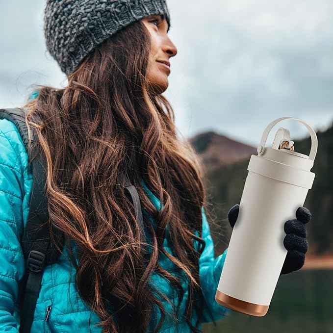 26oz Water Bottle Ceramic Coated Multi-Use Tumbler - 3-in-1 Drinking Modes, Thermal Insulation, Silicone Strap, Portable Travel Mug (White)