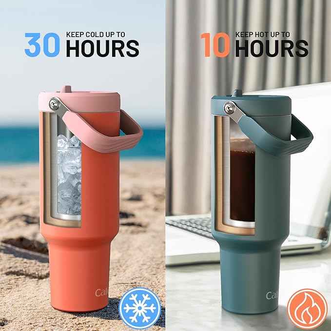 40 oz Insulated Tumbler with Top Handle and Flip Straw, Vacuum Insulated Stainless Steel Cup with Leak-Proof Lid, Sweat-Free, Fits Cup Holder, Keeps Ice Cold up to 30 Hours
