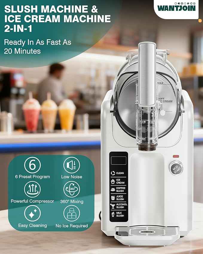 WantJoin 2-in-1 Slushie Machine – 72 oz White Frozen Drink Machines with 6 Preset Modes, No Ice Needed, Quiet and Simple Knob Operation, Frozen Drink Maker for Ice Cream, Margarita & Slushy