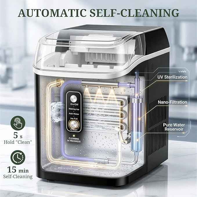 Nugget Ice Maker Countertop, 6-Min Fast Chewable Pellet Ice, 24lbs/24H Portable Ice Machine with Self-Cleaning, Ice Full & Low Water Indicator, Basket & Scoop for Home, Party, RV, Camping (Black)