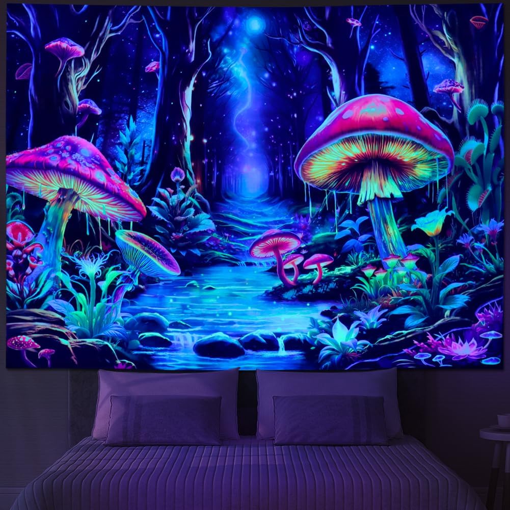 Yuiqear Blacklight Mushroom Tapestry Fantasy Forest Tree Tapestries UV Reactive Floral Plant Tapestries Neon Glow in The Dark Tapestry Wall Hanging for Bedroom Aesthetic Decor