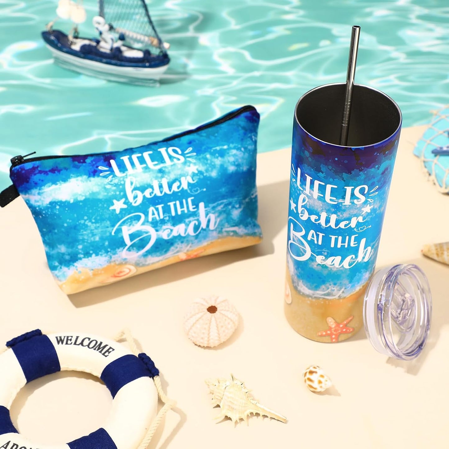 Mimorou Beach Gifts for Women 20 oz Insulated Tumbler with Straw and Lid Summer Ocean Sunset Makeup Bag Cosmetic Bag with Zipper, Cruise Vacation Gift for Ocean Lover(Life)
