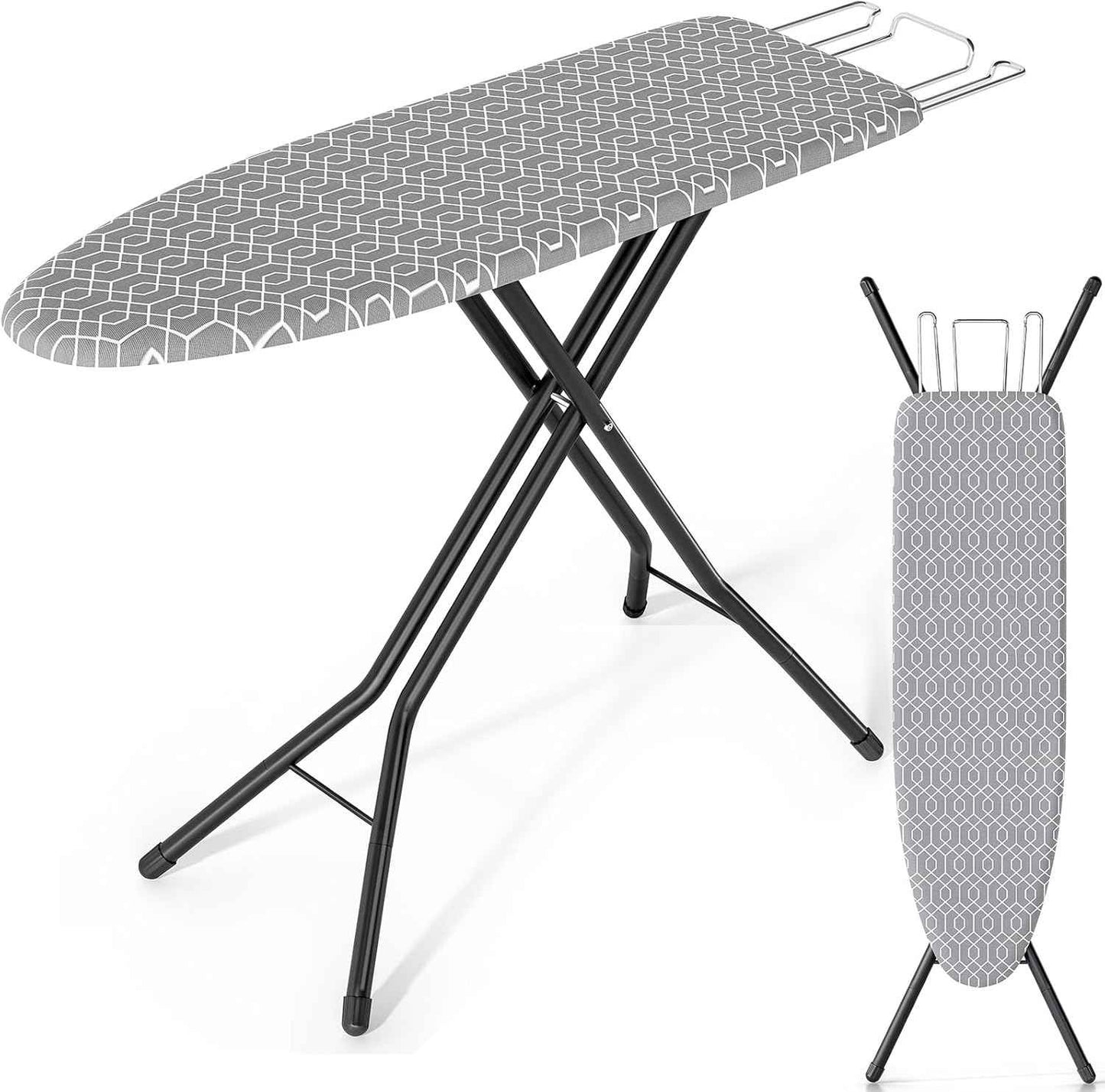 KINGBOARD Foldable Ironing Board Full Size, Iron and Ironing Board Set Standard Size, Iron Boards with Ironrest & Adjustable Height,Heavy Duty Iron Table Stand with Metal Legs &Thick Cover,43x13 Gray