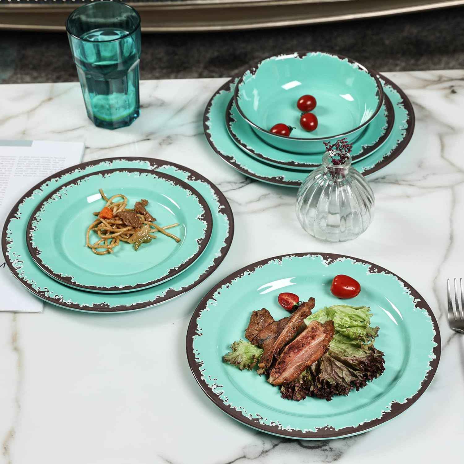 Rustic Melamine Dinnerware Set,12-Piece Plates and Bowls Sets,Yinshine Unbreakable Melamine Dish Set,Lightweight,Service for 4,Dishwasher Safe,Green