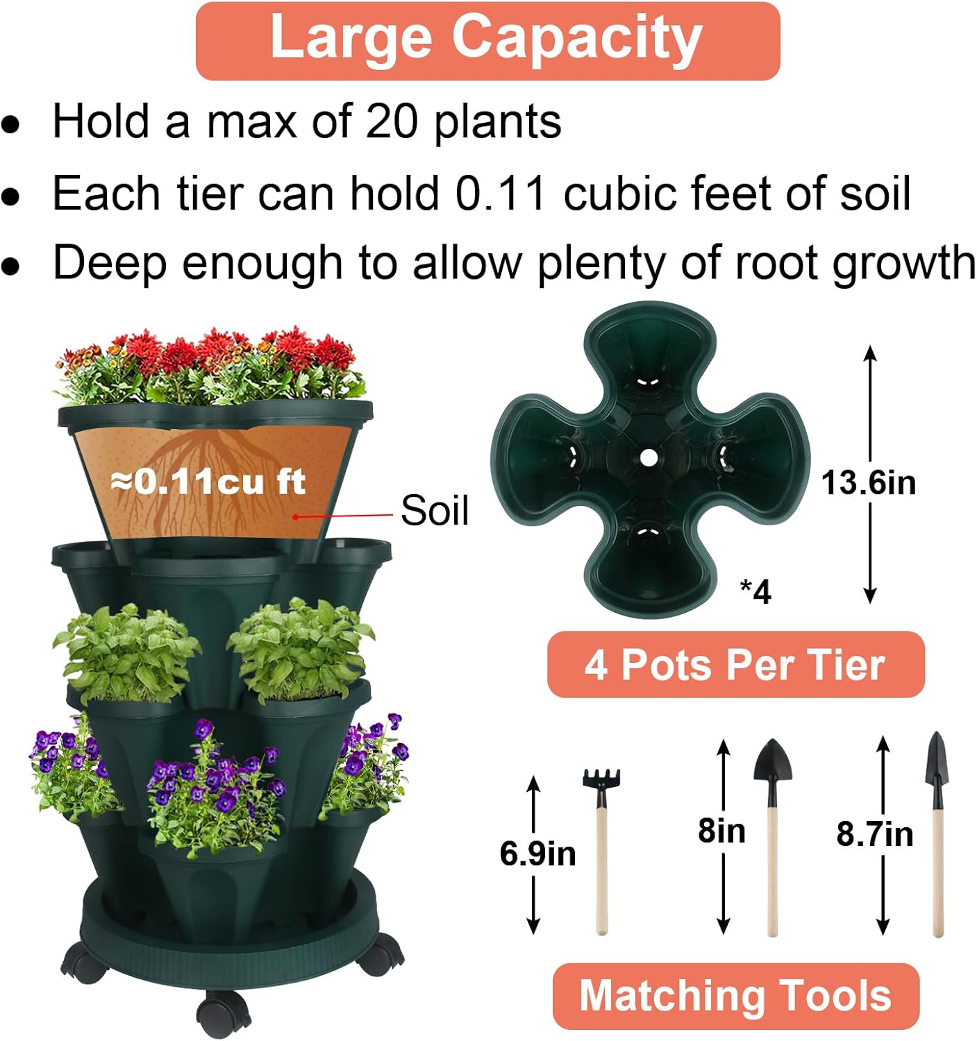 Vertical Planter 4 Tier Stackable Planters Garden Planters Strawberry Herb Flower and Vegetable Planter Indoor Outdoor Gardening Pots with Removable Wheels and Tools