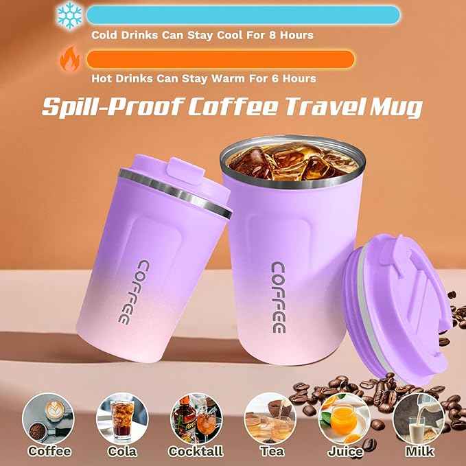 SPLMIFA Travel Coffee Mug Leak-Proof, Reusable Coffee Cups with Lid, Stainless Steel Vacuum Insulated Coffee Tumblers, Thermal Insulation Cup for Men and Women Hot & Cold Drinks(2nd-Purple Pink, 12OZ)